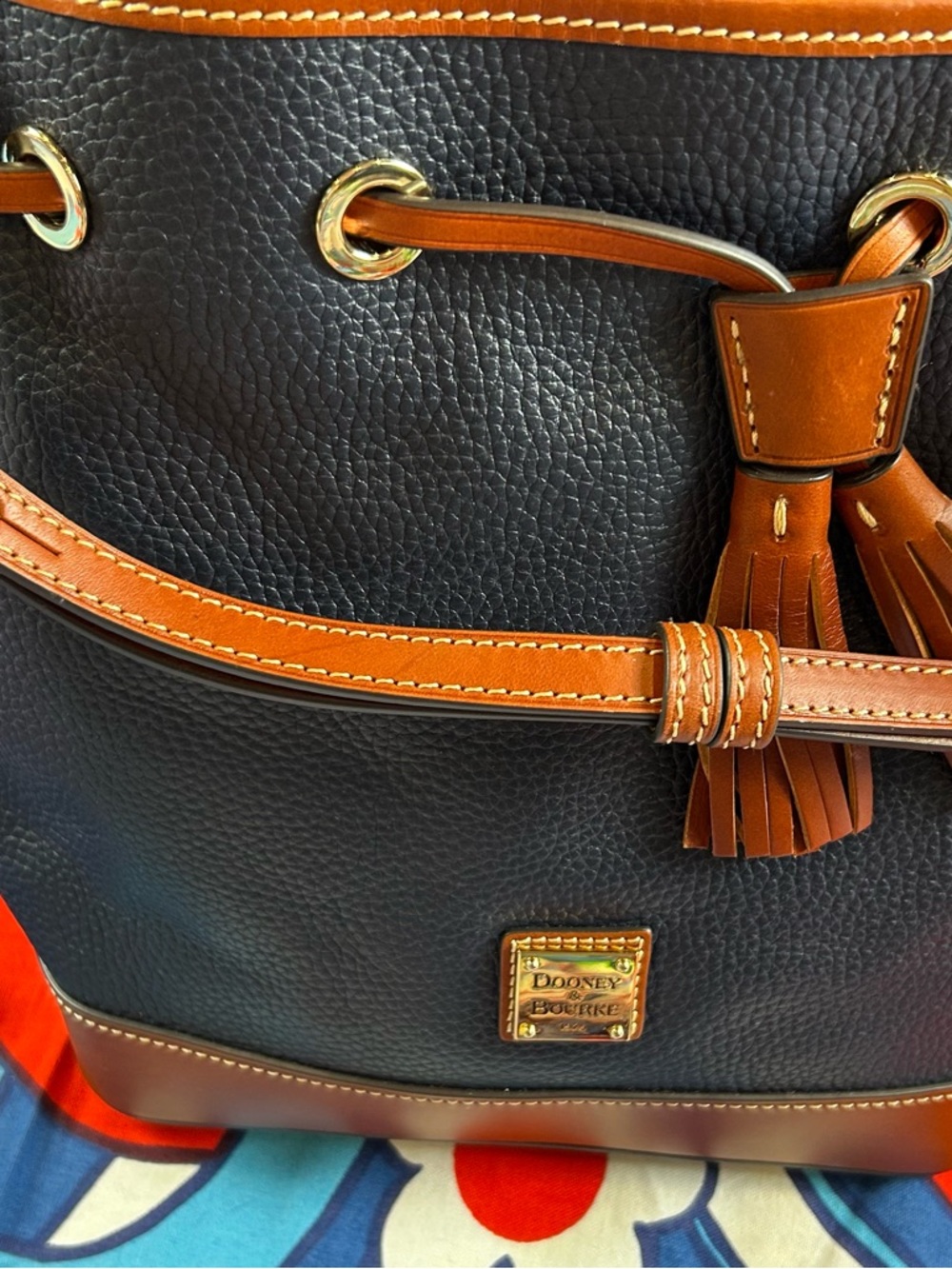 Dooney & Bourke Navy Pebbled Leather Shoulder Bag with Brown Trim and Tassels - Picture 2 of 8